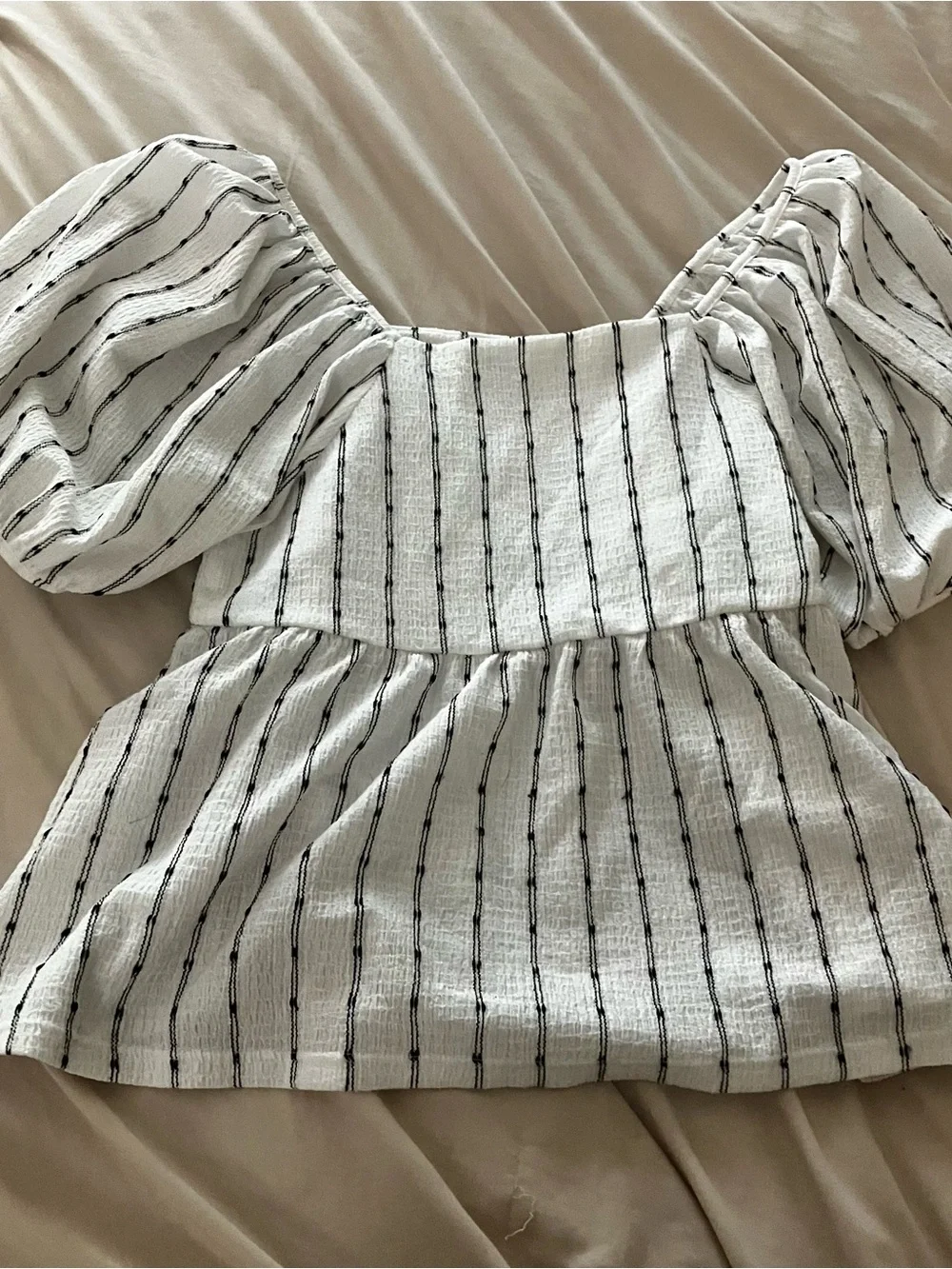 Madewell Smocked Puff Sleeve Peplum Blouse White Black Striped Size S
